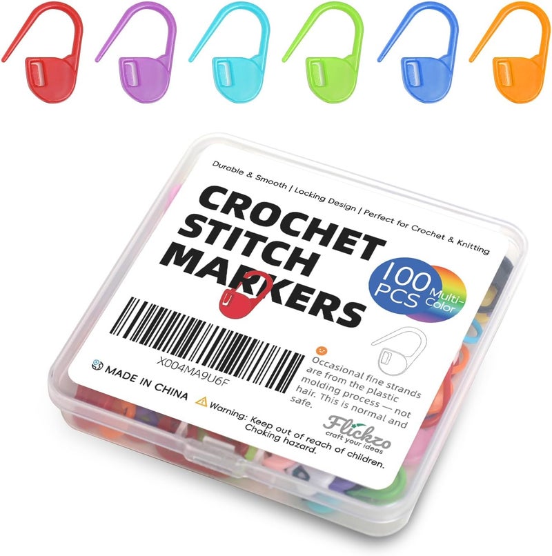 Flickzo 100PCS Crochet Stitch Markers by – Locking Stitch Markers with Storage Case, Plastic Safety Pins for Knitting & Crochet, Colorful Yarn Accessories for Crochet Tools & Supplies - Image 1